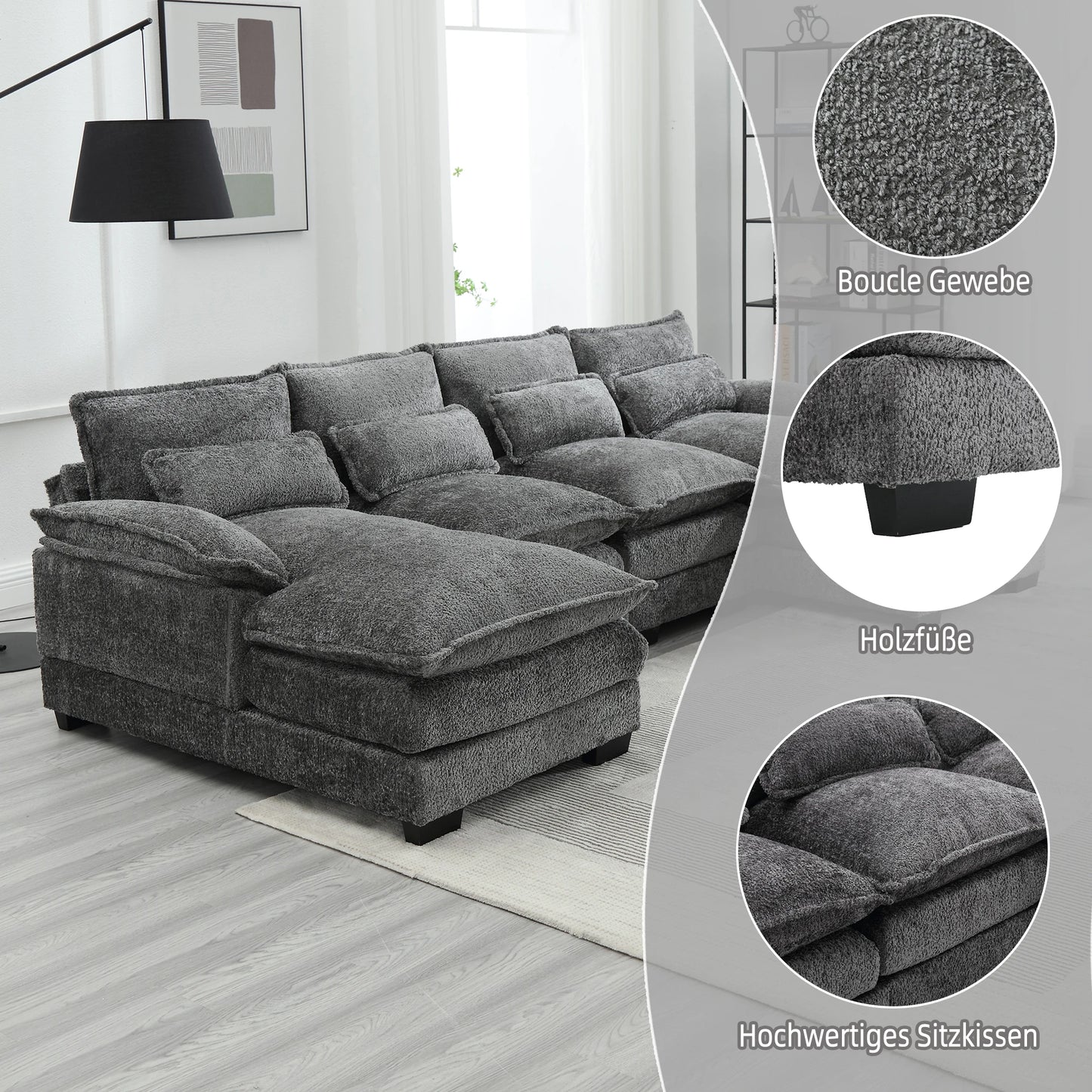 U-Vormige Bank – Hoekbank – Loungesofa – Gezinsbank – Bouclé Stof – Ergonomische Lendenkussens – Multiplex Frame