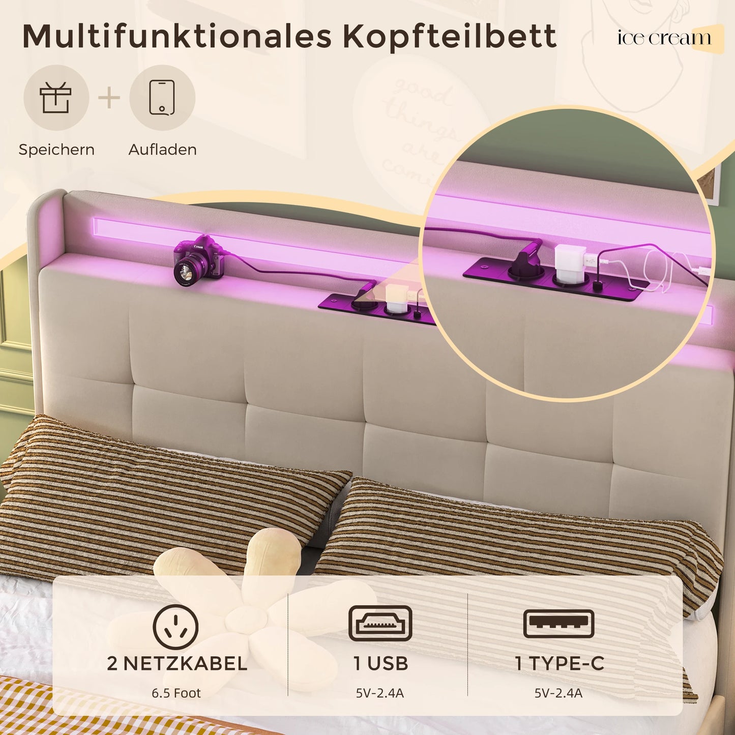 2-persoonsbed – Tweepersoonsbed – Bed Met Opbergruimte – Slaapbank – Led Bed – Met USB Oplaadpoort – Stijlvol Met Metaal En Composite Stof – 222x168,5x113 cm
