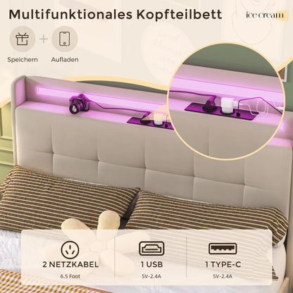 2-persoonsbed – Tweepersoonsbed – Bed Met Opbergruimte – Slaapbank – Led Bed – Met USB Oplaadpoort – Stijlvol Met Metaal En Composite Stof – 222x168,5x113 cm