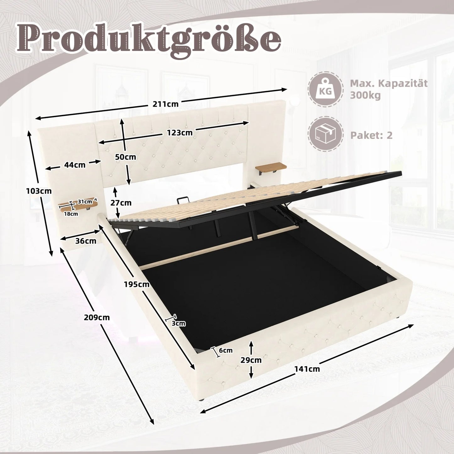Bedframe – Bed – Tweepersoonsbed – Boxspring – Opbergbed – Met Hydraulisch Opklapsysteem – Ingebouwde LED-Verlichting