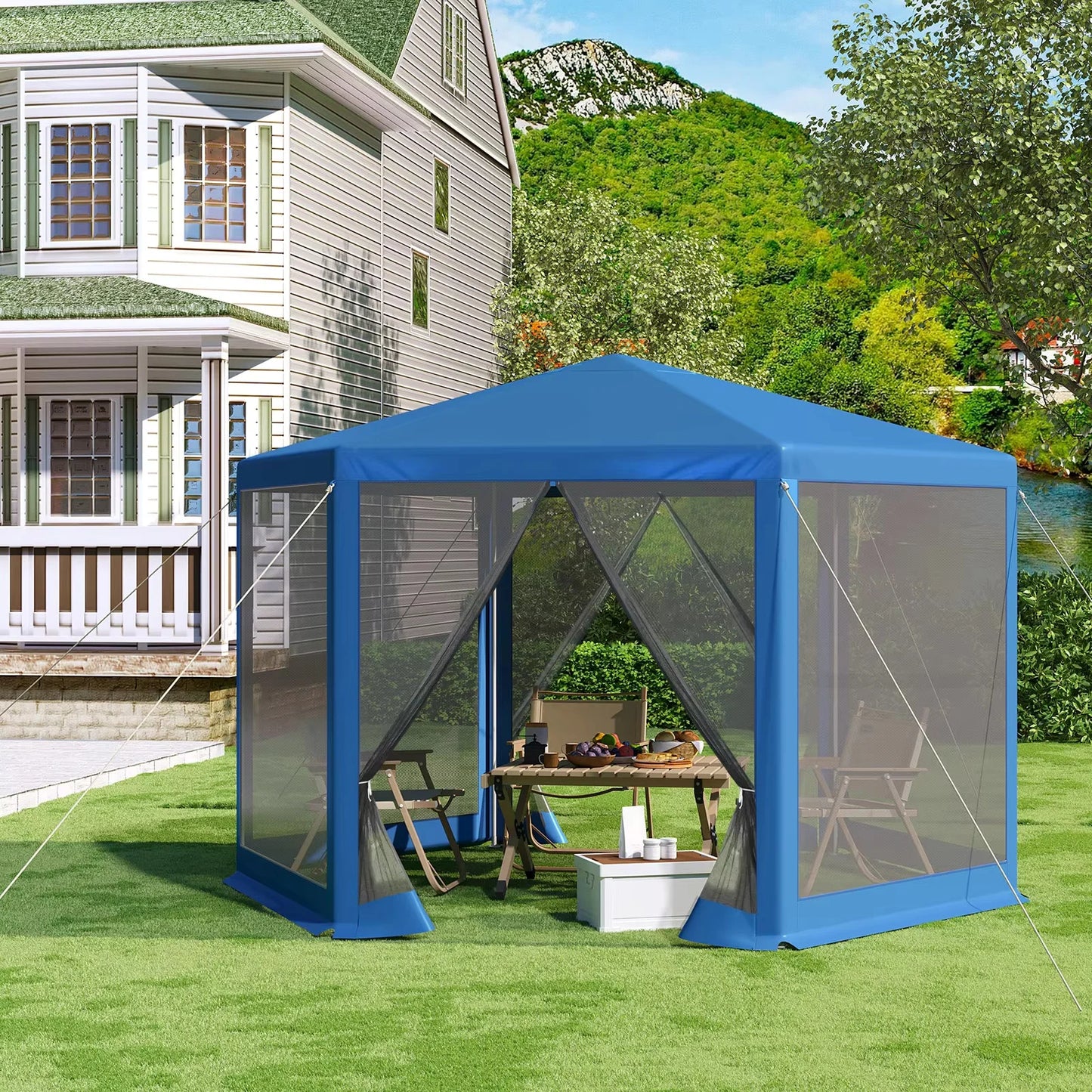 Tuinpaviljoen – Tuinkoepel – Tuintent – Schaduwdoek – Insectennet – 3.8x3.3 Meter – Waterafstotende 210D Oxford Stof - Blauw