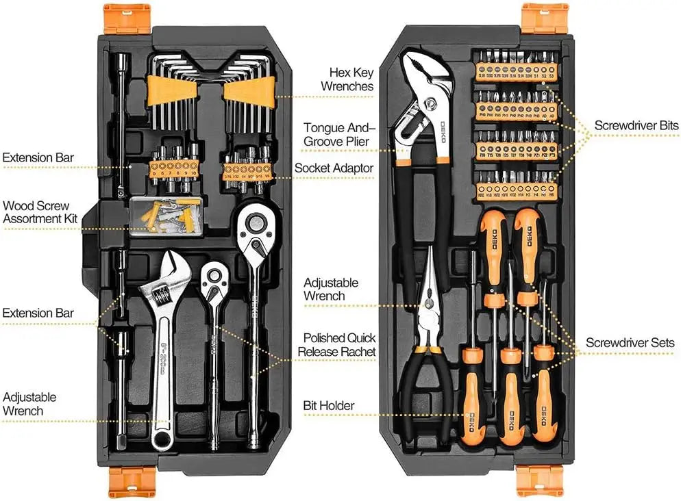 Deko - Basis gereedschapsset - Gereedschap - 192-delig - Gereedschapsset - Gemengde gereedschapsset - Autoreparatie handgereedschapsset - Sleutelgereedschapskistset - Zwart Geel - QUORE