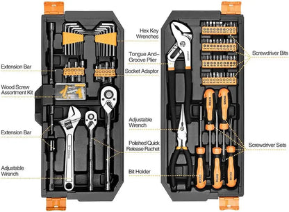 Deko - Basis gereedschapsset - Gereedschap - 192-delig - Gereedschapsset - Gemengde gereedschapsset - Autoreparatie handgereedschapsset - Sleutelgereedschapskistset - Zwart Geel - QUORE