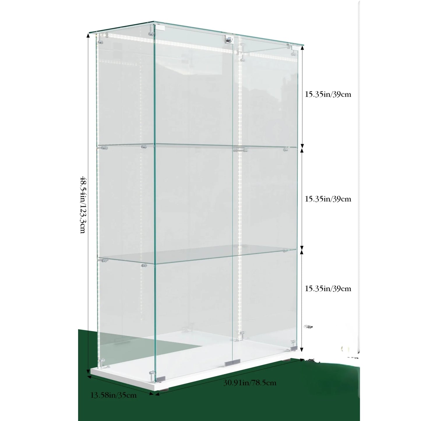 Comanlai 3-shelf Glass Display Cabinet,Display Case with Multi-color LED Lights and Lockable Door,78.5x35x123cm