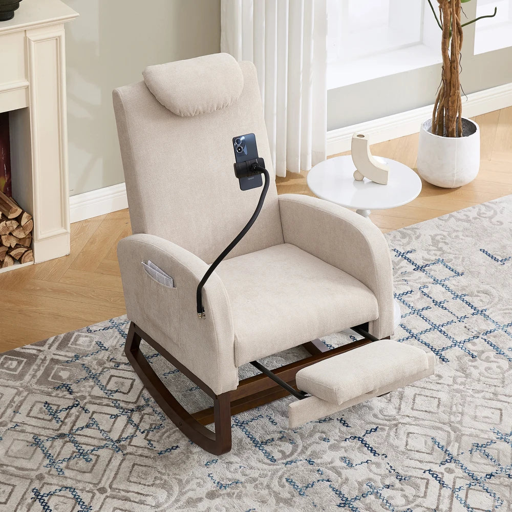 Schommelstoel – Relaxstoel – Loungestoel – Schommelzetel – Fauteuil – Beige Linnen – Verstelbare Hoofdsteun – Uittrekbare Voetensteun