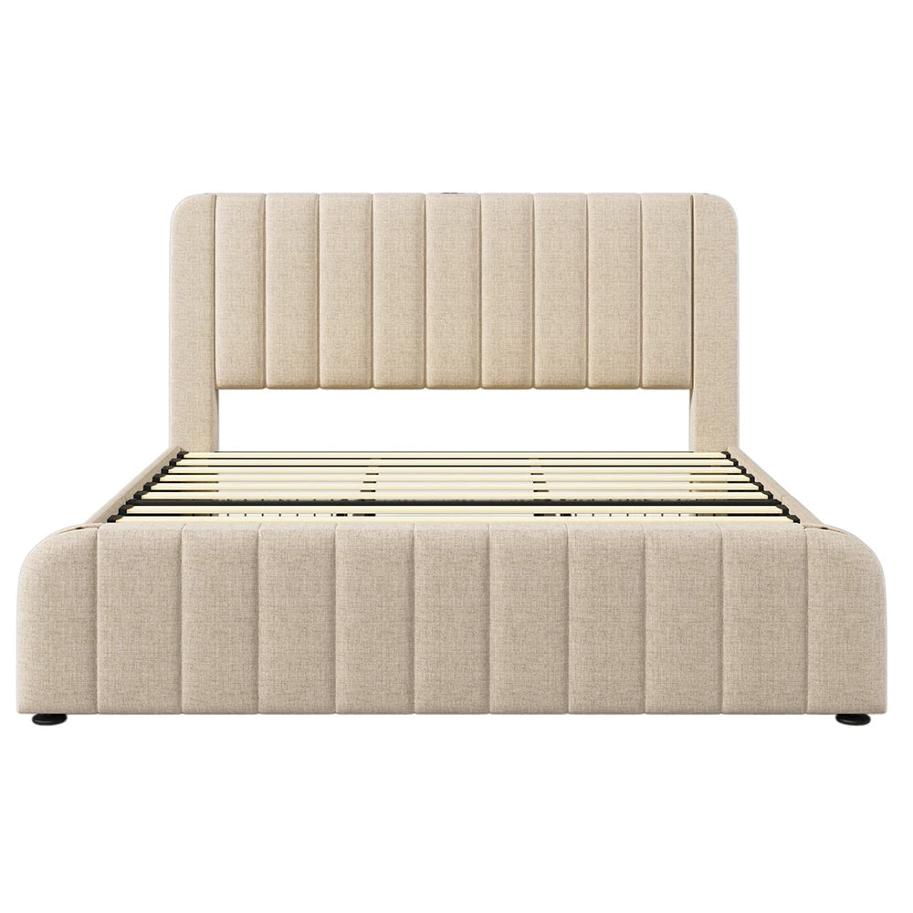 Tweepersoonsbed – Bed – Slaapbed – Boxspring – Bedframe – Beige Linnen – 180x200 cm – Geïntegreerde USB en Type-C Oplaadpunten – 4 Ruime Opberglades