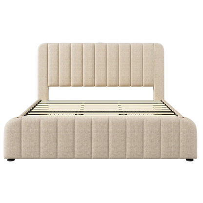 Tweepersoonsbed – Bed – Slaapbed – Boxspring – Bedframe – Beige Linnen – 180x200 cm – Geïntegreerde USB en Type-C Oplaadpunten – 4 Ruime Opberglades