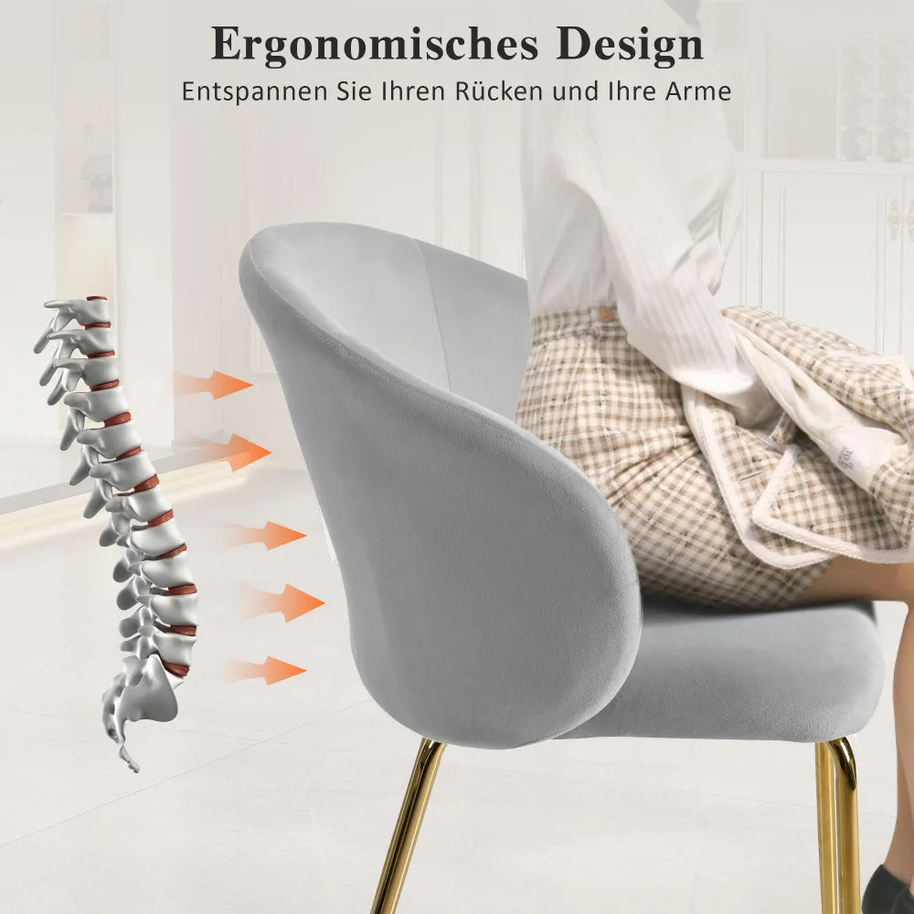Fluwelen Eetkamerstoelen – Armleuningen – Luxe Stoelen – Comfortabele Stoelen – Zachte Bekleding – Ergonomische Rugleuning – Gouden Metalen Poot - Grijs