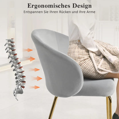 Fluwelen Eetkamerstoelen – Armleuningen – Luxe Stoelen – Comfortabele Stoelen – Zachte Bekleding – Ergonomische Rugleuning – Gouden Metalen Poot - Grijs
