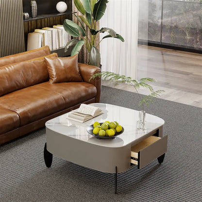 Salontafel – Koffietafel – Woonkamertafel – Tafel Met Laden – Sintered Stone Blad – Soft-Close Opberglades - 99.5 x 98.5 x 35.5 cm
