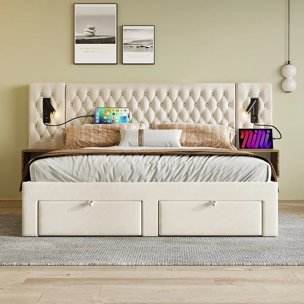 Gestoffeerd Bed – Tweepersoonsbed – Opbergbed – Bed met Nachtkastjes – Fluwelen Bed – 180x200 cm – Met Leeslampjes en USB Oplaadfunctie - QUORE