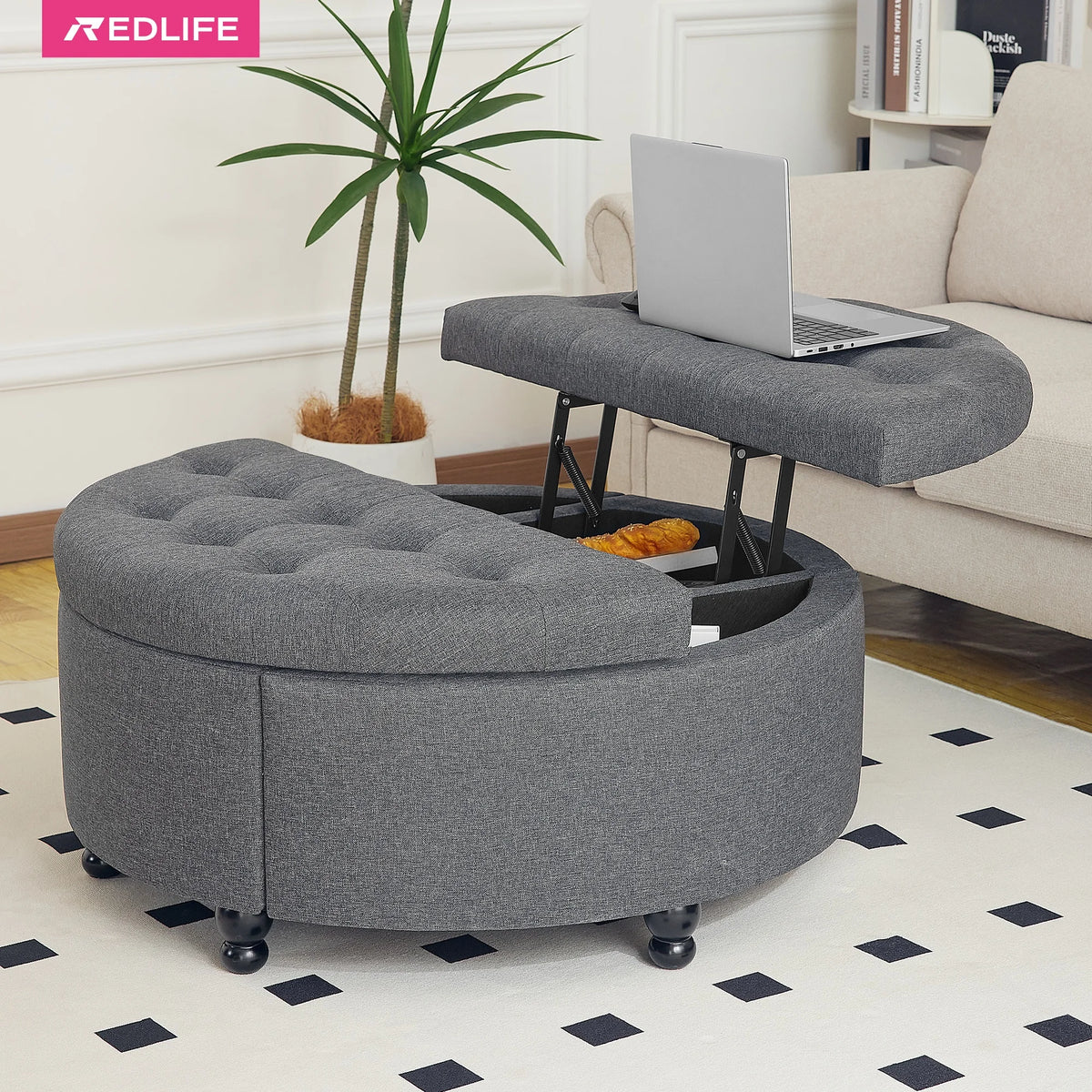 Koffietafel - Table - Coffe table - Living Room Table - Ronde Opbergpoef van 35 inch - Moderne gecapitonneerde salontafel met klep - Gestoffeerde Voetenbank voor Woonkamer en Slaapkamer - Grijs