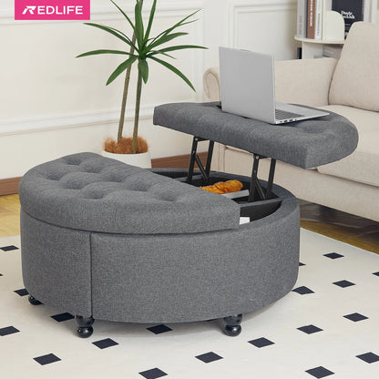 Koffietafel - Table - Coffe table - Living Room Table - Ronde Opbergpoef van 35 inch - Moderne gecapitonneerde salontafel met klep - Gestoffeerde Voetenbank voor Woonkamer en Slaapkamer - Grijs