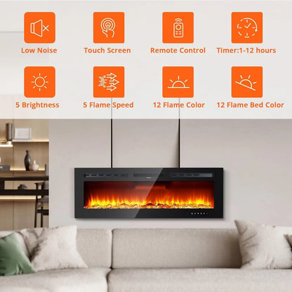 Elektrische Wandhaard – Sfeerverwarmer – Inbouwhaard – Muurhaard – Elektrische Haard – 60 Inch – 1500W Verwarming – 3D Vlameffect Met 12 LED Kleuren