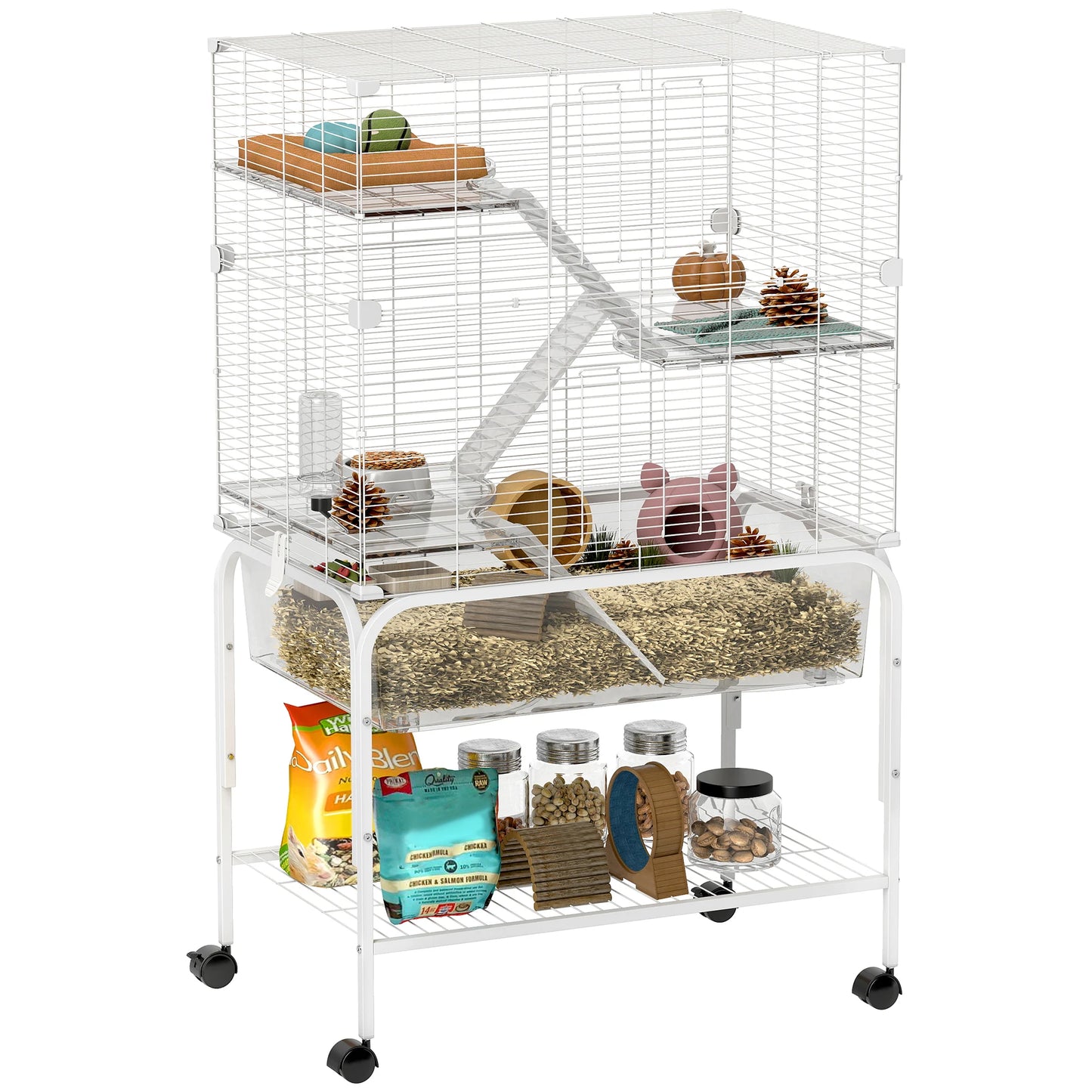 Dierenkooi Kleine Huisdieren – Knaagdierkooi – Fretkooi – Chinchillakooi – Hamsterkooi – 4-laags Met Wieltjes – Diepe 18 cm Bodembak – Stalen Constructie