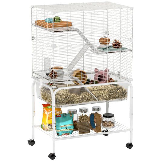 Dierenkooi Kleine Huisdieren – Knaagdierkooi – Fretkooi – Chinchillakooi – Hamsterkooi – 4-laags Met Wieltjes – Diepe 18 cm Bodembak – Stalen Constructie
