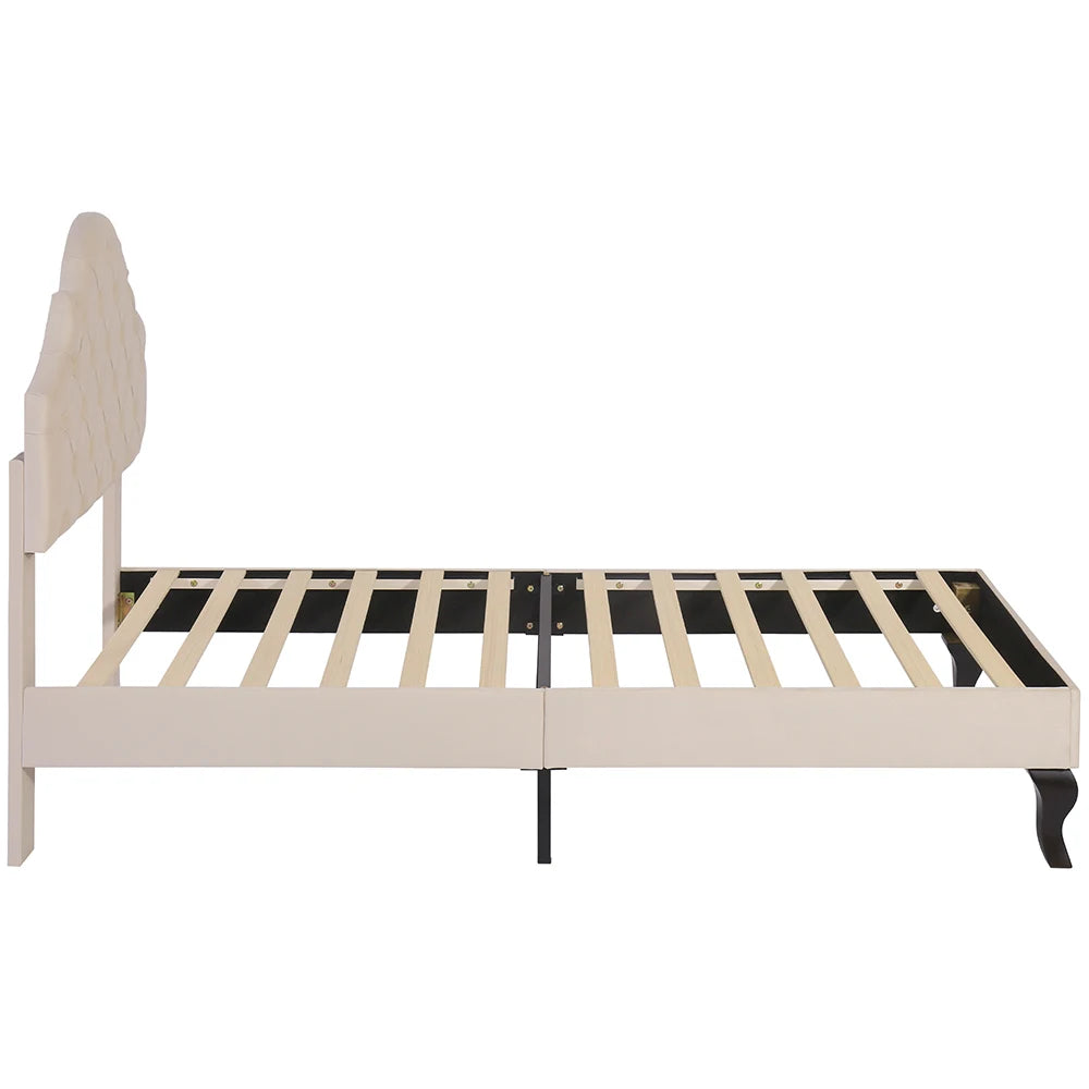 Gestoffeerd Bed – Eenpersoonsbed – Slaapbank – Lattenbodem Bed – Hoofdbord Bed – 90x200 cm – Hoog Hoofdbord Verstelbaar – Zachte Beige Velvet Bekleding - QUORE