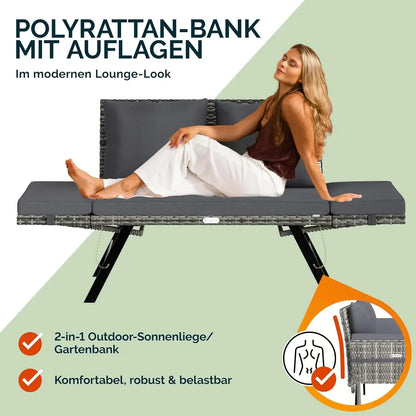 Tuinbank – Buitenbank – Ligbank – Polyrattan Bank – 2-In-1 Ligstoel – Weerbestendig – 240 Kg Draagkracht