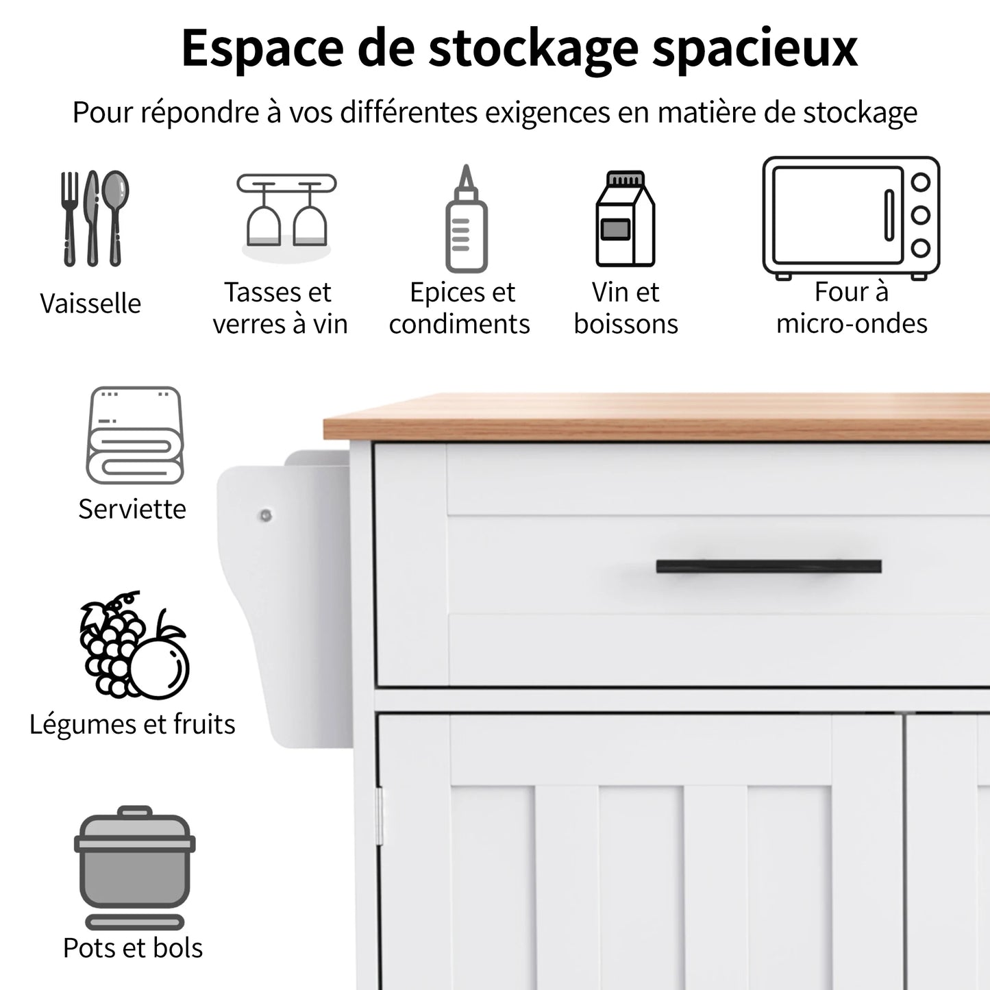 Keukenwagen – Keukentrolley – Keukenkar – Keukenmeubel – Bergwagen – Uitklapbaar Tafelblad – Wielen Met Remmen – 129x46(71)x91,5 cm – MDF Wit/Natuur