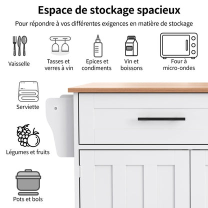 Keukenwagen – Keukentrolley – Keukenkar – Keukenmeubel – Bergwagen – Uitklapbaar Tafelblad – Wielen Met Remmen – 129x46(71)x91,5 cm – MDF Wit/Natuur