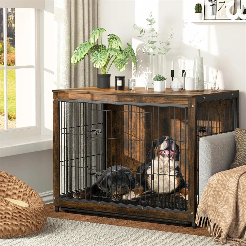 Houten Hondenbench - Hondenkennel Hout - Binnenbench - Dubbele Deur - Hondenhuis - Bijzettafel - Industrieel - 3-in-1 Ontwerp - Grote
