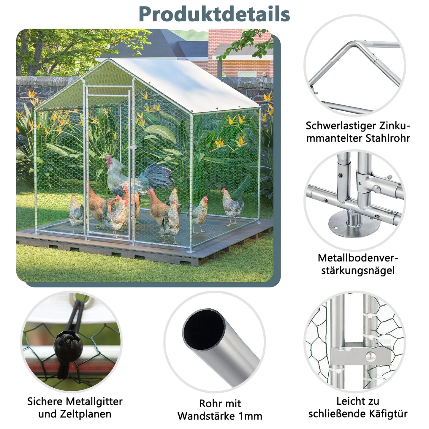 Kippenren – Buitenren – Dierenren – Kippenhok – Konijnenhok – 3x1,5x2 Meter – Gegalvaniseerd Stalen Frame – Waterdicht PE Dak