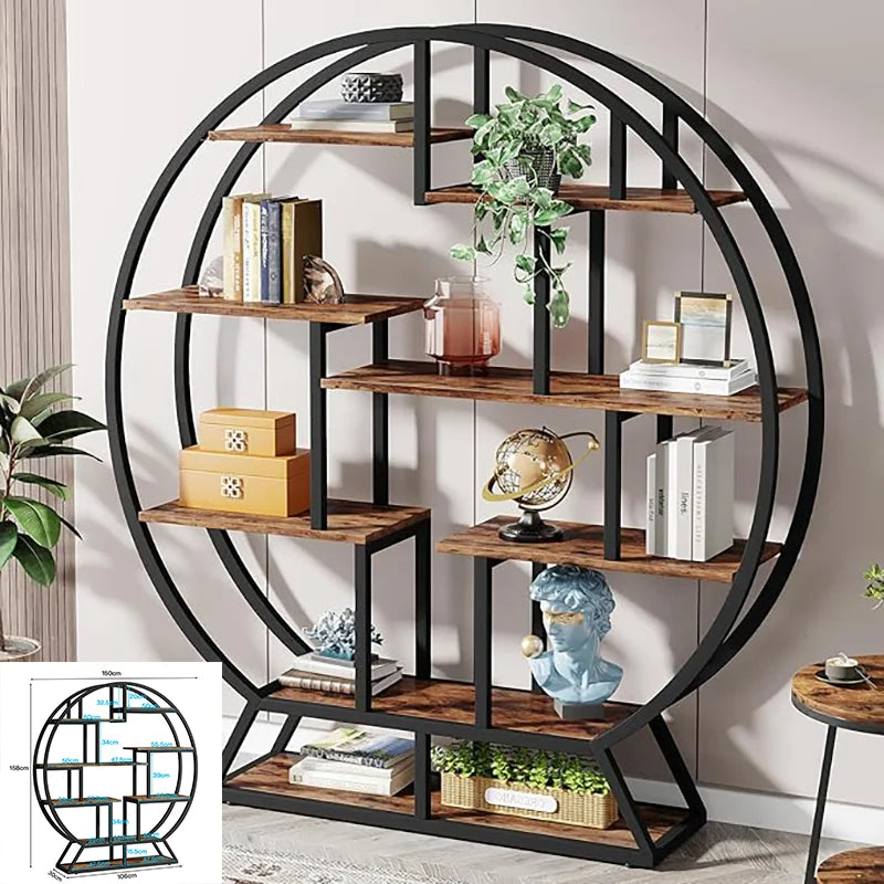 Ronde Boekenkast – Boekenplank – Boekenkast Industrieel – Etagère – Open Kast – 160 cm Hoogte – Metalen Frame en Houten Planken