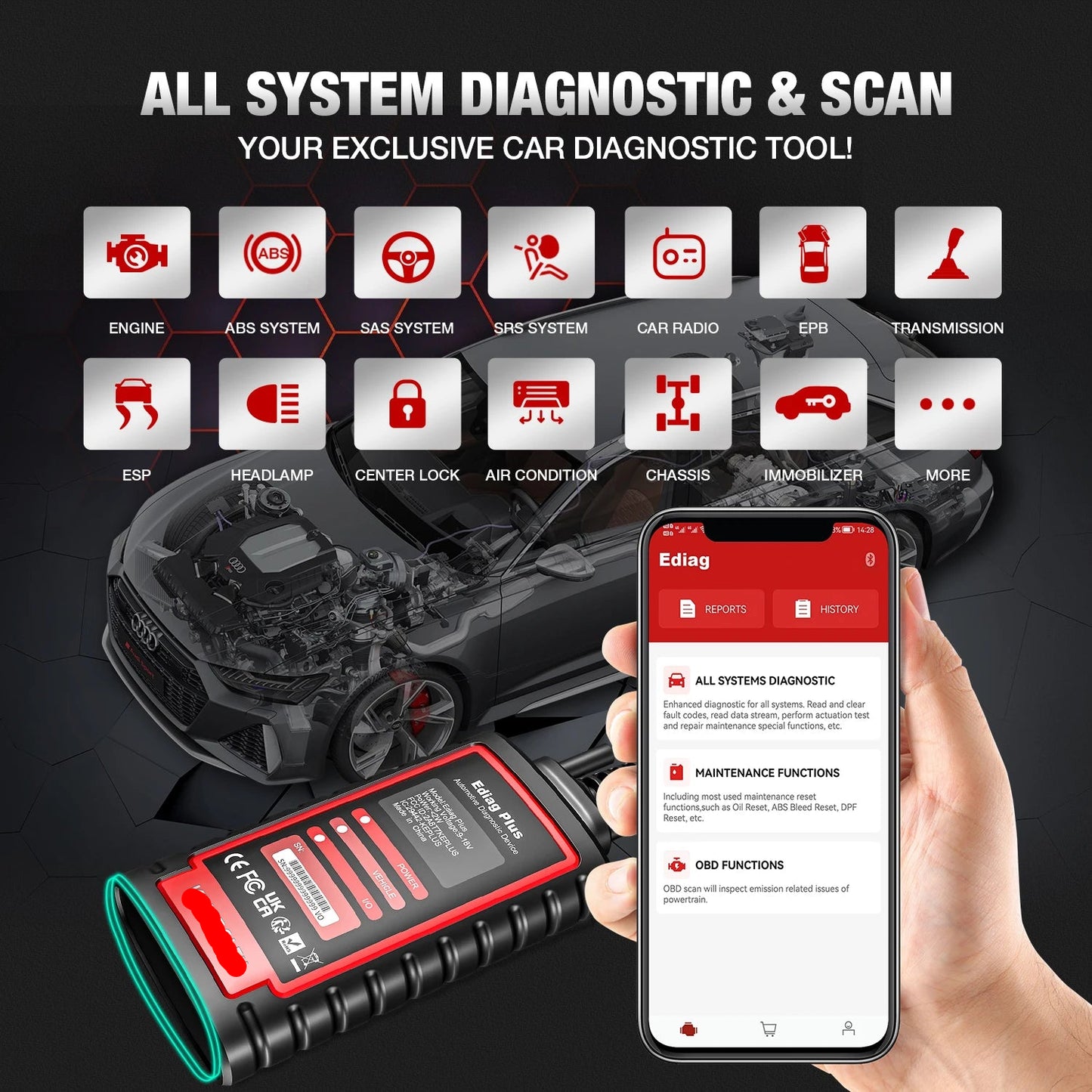 OBD2 Scanner – Auto Uitleesapparaat – Diagnoseapparaat – Foutcode Lezer – Auto Scanner – Bluetooth 5.0 – CAN-FD Protocol – OE Systeemdiagnose – 16 Resetfuncties