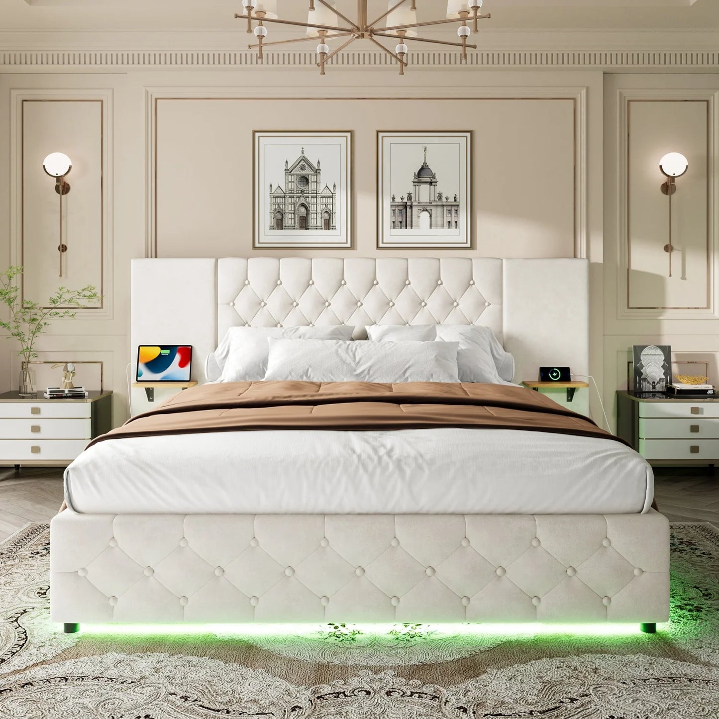 Bedframe – Bed – Tweepersoonsbed – Boxspring – Opbergbed – Met Hydraulisch Opklapsysteem – Ingebouwde LED-Verlichting