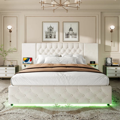 Bedframe – Bed – Tweepersoonsbed – Boxspring – Opbergbed – Met Hydraulisch Opklapsysteem – Ingebouwde LED-Verlichting