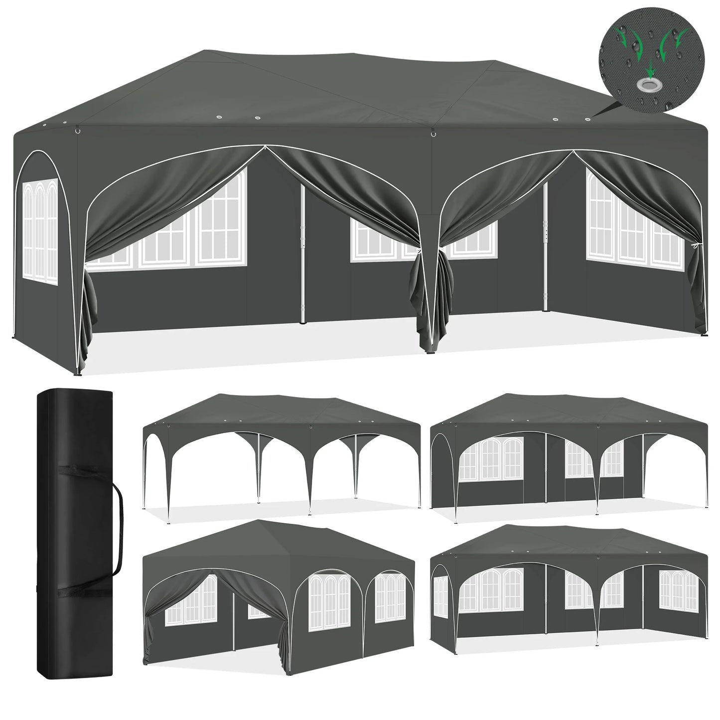 Paviljoen - Tuinpaviljoen - Partytent - Tuintent - Pop-up Kliksysteem - Stabiel - Vouwtent - Opvouwbaar - Weerbestendig - met 6 Zijwanden - 50+UV-Bescherming - voor Tuin - Buiten - Achtertuin - 210D Oxford - 3 x 6 m - Grijs - QUORE