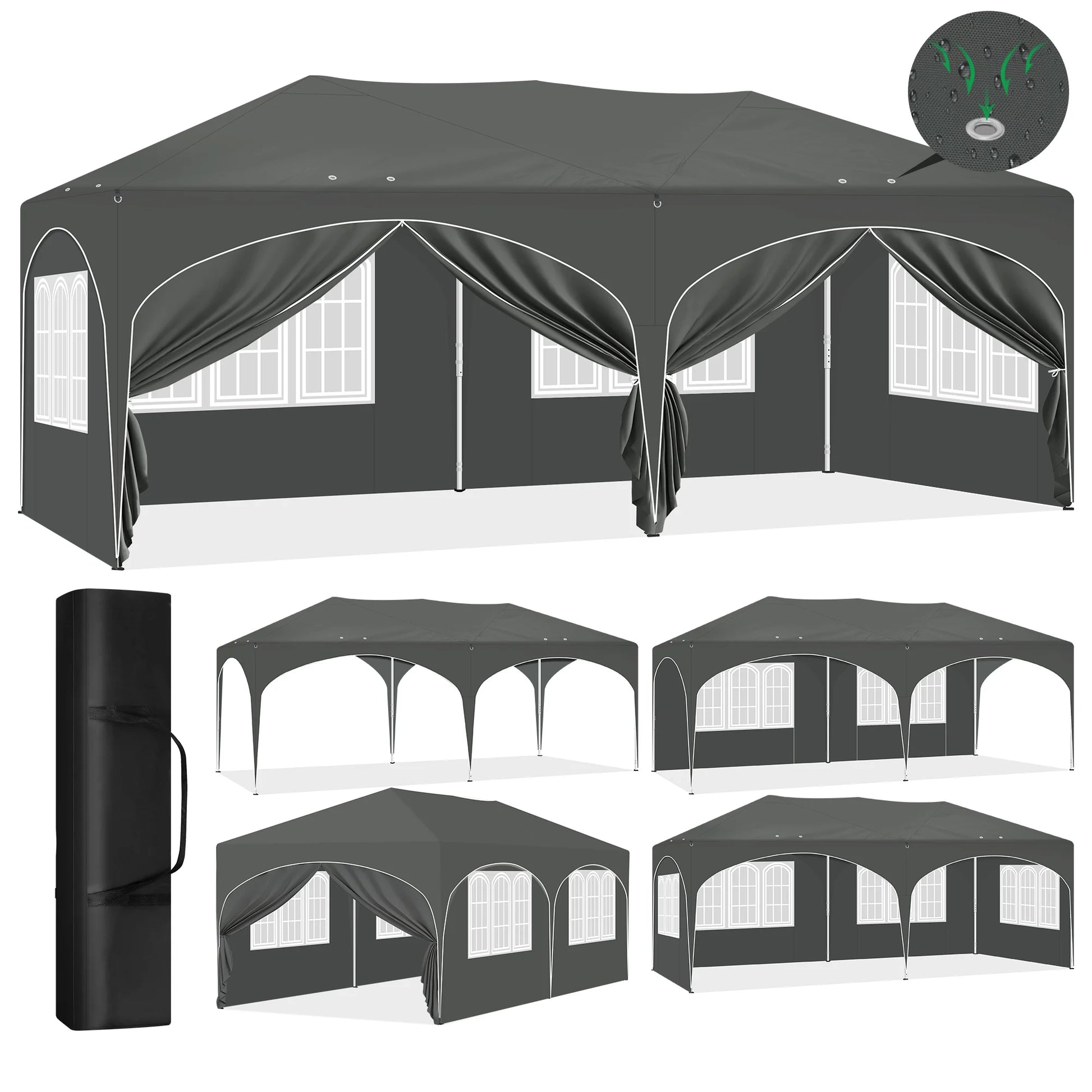 Paviljoen - Tuinpaviljoen - Partytent - Tuintent - Pop-up Kliksysteem - Stabiel - Vouwtent - Opvouwbaar - Weerbestendig - met 6 Zijwanden - 50+UV-Bescherming - voor Tuin - Buiten - Achtertuin - 210D Oxford - 3 x 6 m - Grijs - QUORE