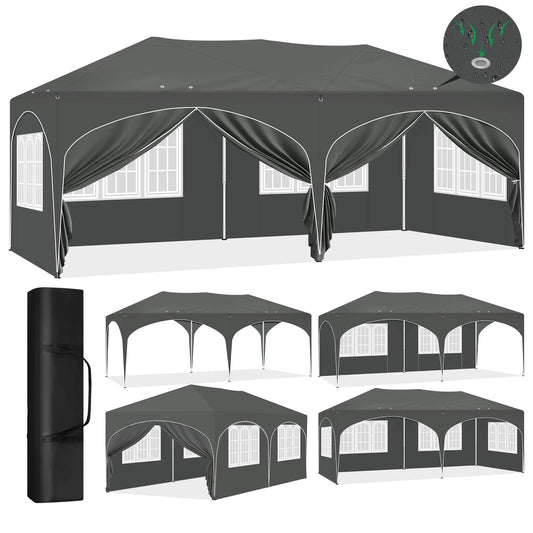 Paviljoen - Tuinpaviljoen - Partytent - Tuintent - Pop-up Kliksysteem - Stabiel - Vouwtent - Opvouwbaar - Weerbestendig - met 6 Zijwanden - 50+UV-Bescherming - voor Tuin - Buiten - Achtertuin - 210D Oxford - 3 x 6 m - Grijs - QUORE