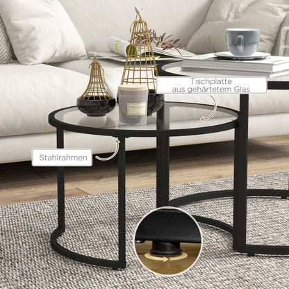 Salontafel Set – Tafel – Bijzettafel – Koffietafel – Woonkamertafel – Zwart Stalen Frame – Geharde Glazen Bladen – Stapelbaar – Ruimtebesparend