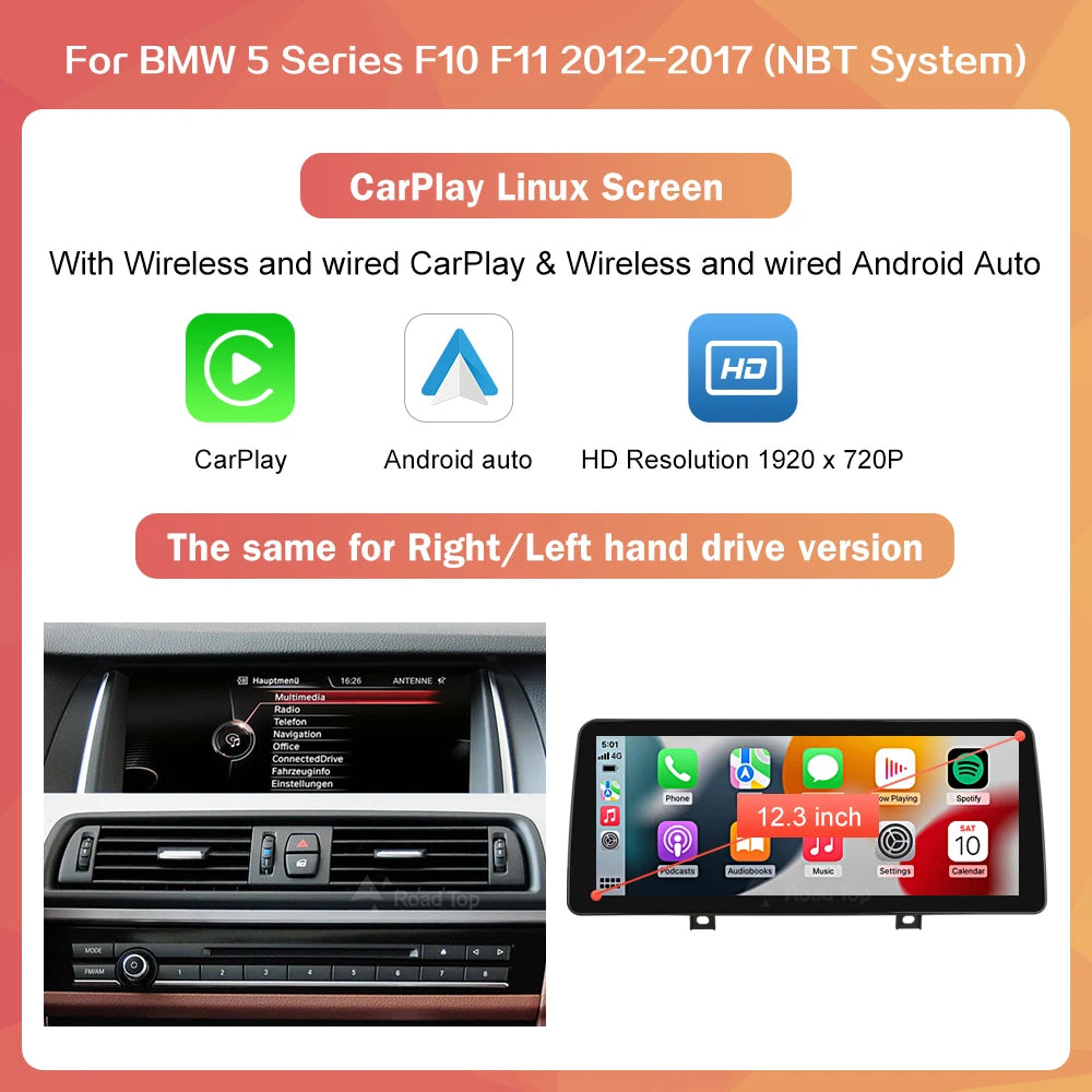 Draadloze CarPlay Android Auto Speler – Multimedia Systeem – Auto Radio – Touchscreen Head Unit – BMW 5 Serie F10 F11 2012-2017 – 12,3 Inch Scherm – Stuurbediening Ondersteuning