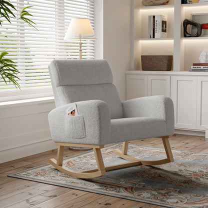 Schommelstoel – Draaifauteuil – Relaxstoel – Loungestoel – Lichtgrijs Fluweel – Ergonomisch Comfort – Massief Hout & Metaal
