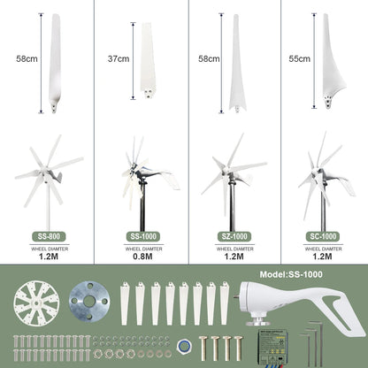 Windturbine - Windmolen - Windenergie - Windturbine Generator - 1000W - 12V - Horizontale Windmolen - met MPPT Controller - 3 Bladen - Energieopwekking - Voor Huis – Off-Grid Systeem – Sterke Windkracht