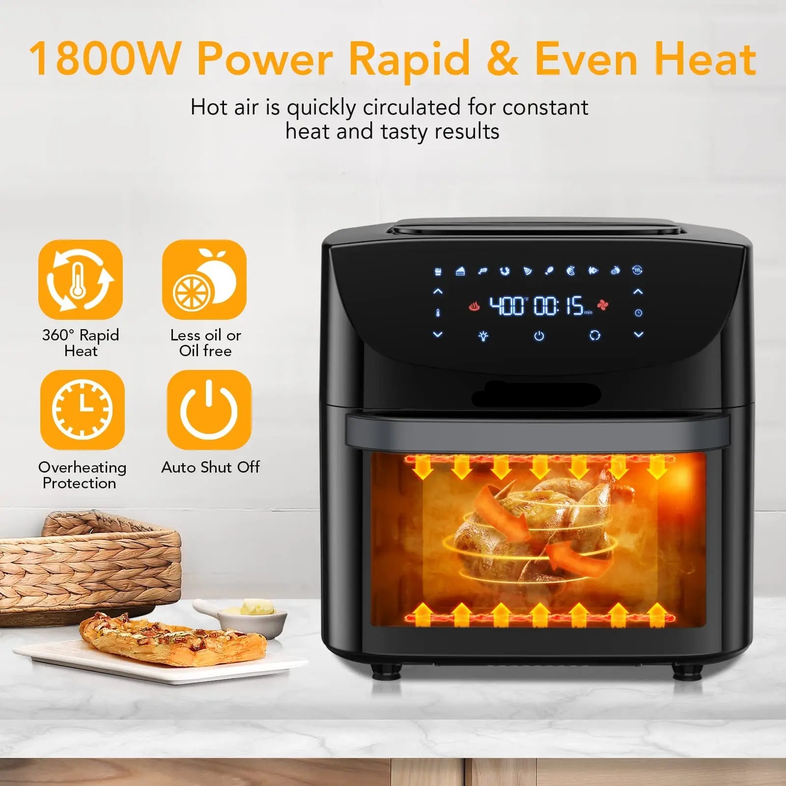 Airfryer - 18L – Heteluchtfriteuse - 10-in-1 Digitale Convectie Oven – 1800W - Airfryer en Toaster Combinatie – Groot Formaat - met LED Scherm - Meerdere Rekniveau's - QUORE
