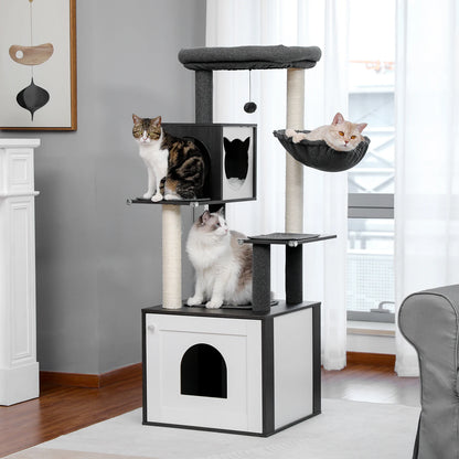 Kattenboom - met Kattenbak Kast – Houten - met Opslagkast - Kattenhuisje - en Sisal Krabpalen – Grote Kattenmeubel voor Binnen – Stabiel en Multifunctioneel - Meerdere Verdiepingen - Arbre a Chat - Zwart - QUORE