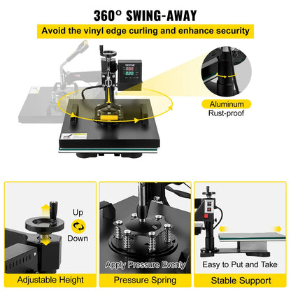 2-in-1 Hittepersmachine - 38x38CM Transferpers - T-Shirt Pers - Hoedenpers - Sublimatie Transfer - 360° Draaibaar - Digitaal Display - Zwart