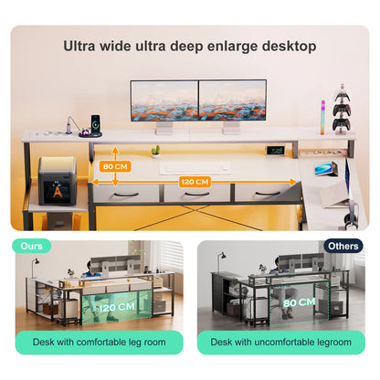 L-Vormig Bureau – Computerbureau – Gamersbureau – Werktafel – Hoekbureau – Slimme Led-Verlichting – Ruim Opbergmeubel – Wit – Groot Werkoppervlak – Ergonomische Monitorstandaard - QUORE