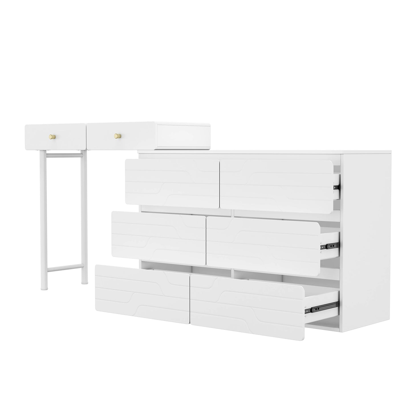 Kaptafel (Zonder Stoel en Spiegel) - Wit - Inclusief Uittrekbare Ladekast - Opbergkast 1804085cm - Drie Niveaus - Zes Lades - QUORE