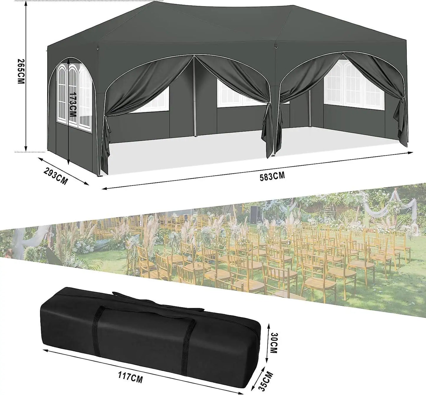 Tuinpaviljoen – Partytent – Tuinpartytent – Tent – Buitentent – Paviljoen – met 6 Verplaatsbare Zijwanden - Waterdicht 210D Oxford Polyester – Stalen Frame Met Roestwerende Coating - 3x6 m - Zwart