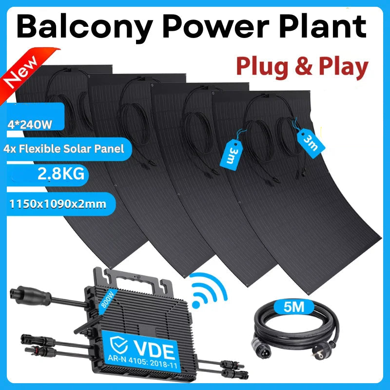 Solar Panel Kit – Zonnepanelen Set – Zonnestroomsysteem – zonne-energiesysteem – Balkon Zonnesysteem – 960W Flexibele Mono Zonnepanelen – 800W Micro Omvormer met WiFi en IP67 Waterdicht