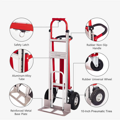 Steekwagen - Steekkar - Transportkar - Transportwagen - 3-in-1 Convertible Handtruck Dolly - 1000 lb Capaciteit - Telescopisch Frame – Non-Slip Wielen – Rood - QUORE