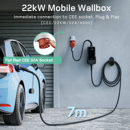 22KW EV Charger – Elektrische Autolader – Laadstation – Thuislader – Wall Mounted Ver. 7M Type 2 – 3-Fase 32A – Wifi App Besturing – 7 Meter Kabel