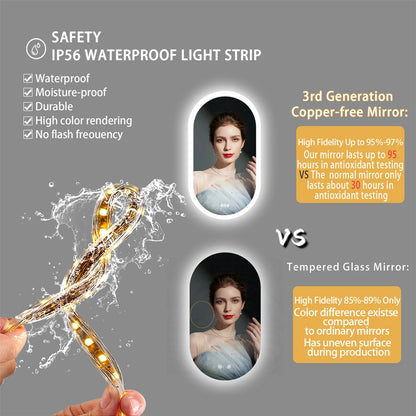 Badkamerspiegel - Badkamerspiegel met Verlichting - Ovaal - 3 Kleurinstellingen - Anti-condens Spiegel - 24W - 1000-5500 Lumen - IP65 - Input 220V/5A - Output 12V/3A - Aluminiumlegering Frame - HD Glazen spiegel - 20x32inch/50.8x81.28cm - Zilver