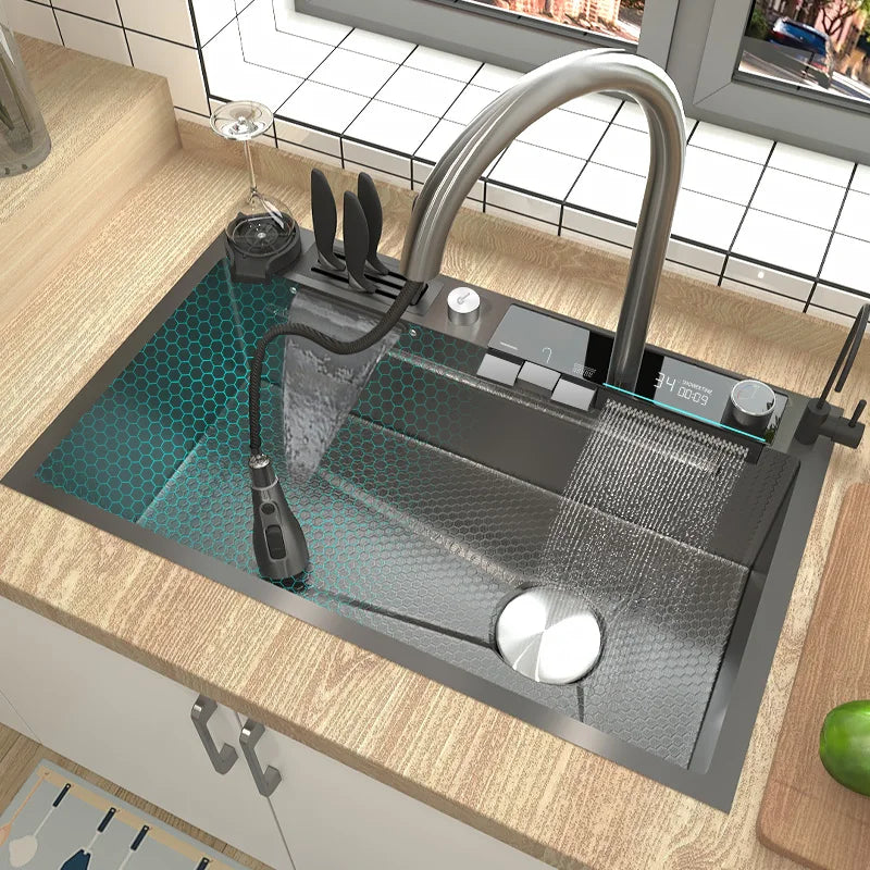Stainless Steel Waterfall Kitchen Sink Large Single Slot With Digital Display Faucet Apartment Multifunctional Wash Basin