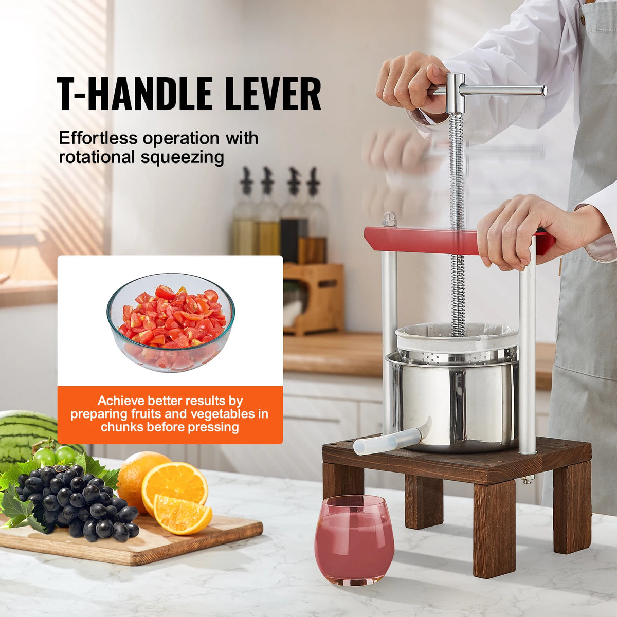 Handmatige fruitpers - 2L - Sapcentrifuge - Roestvrij Staal - Fruit Tinctuur Wijn Olijven Pers Keukenmachine - Zilver