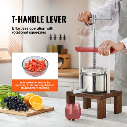 Handmatige fruitpers - 2L - Sapcentrifuge - Roestvrij Staal - Fruit Tinctuur Wijn Olijven Pers Keukenmachine - Zilver